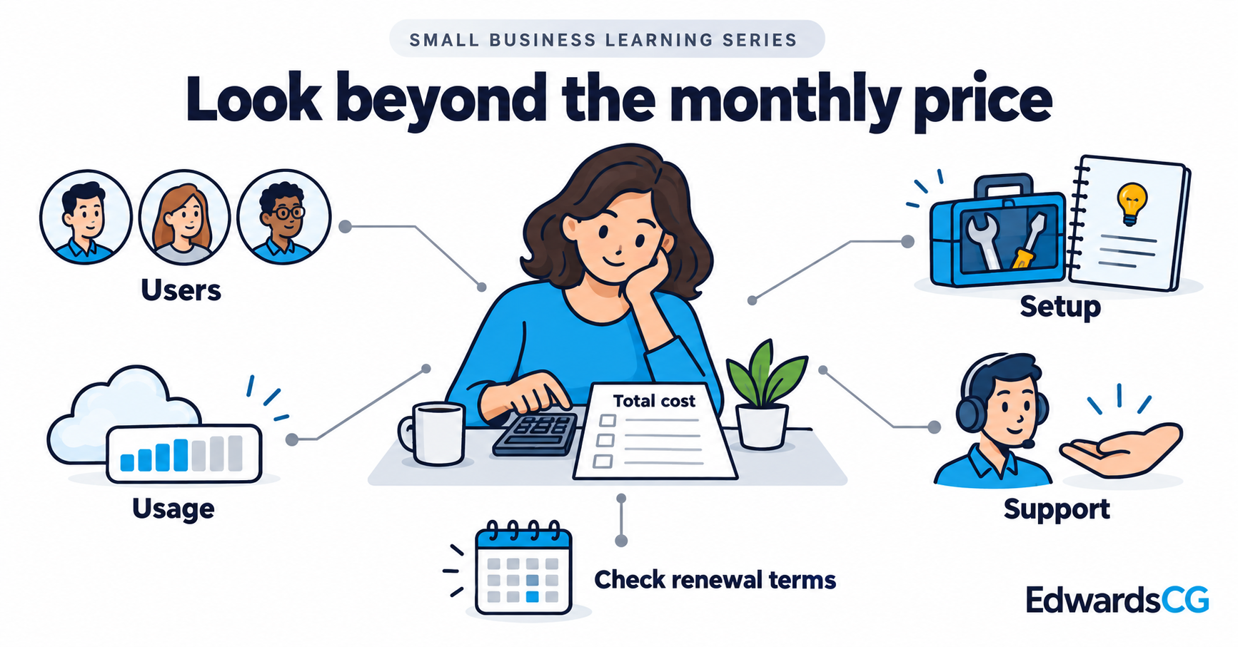 An owner reviews total cost with connected groups for users, usage, setup, support, and a reminder to check renewal terms.